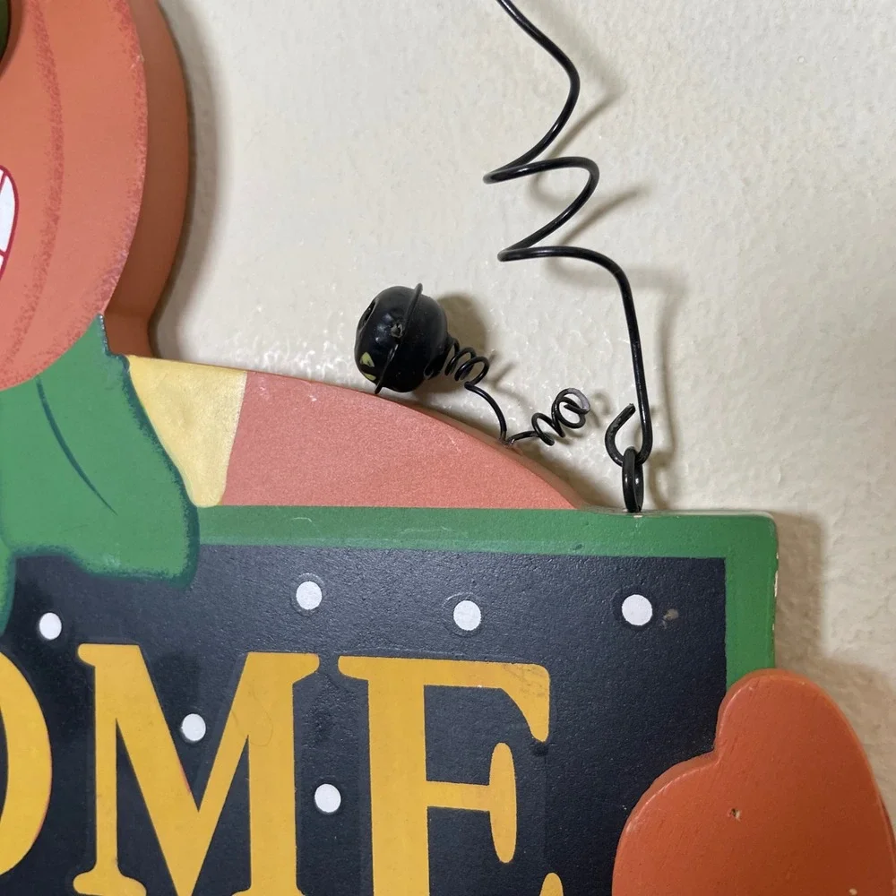 Vintage Halloween Welcome Wood Door Sign Pumpkin Cat Ghost Witch Retro 90s‎